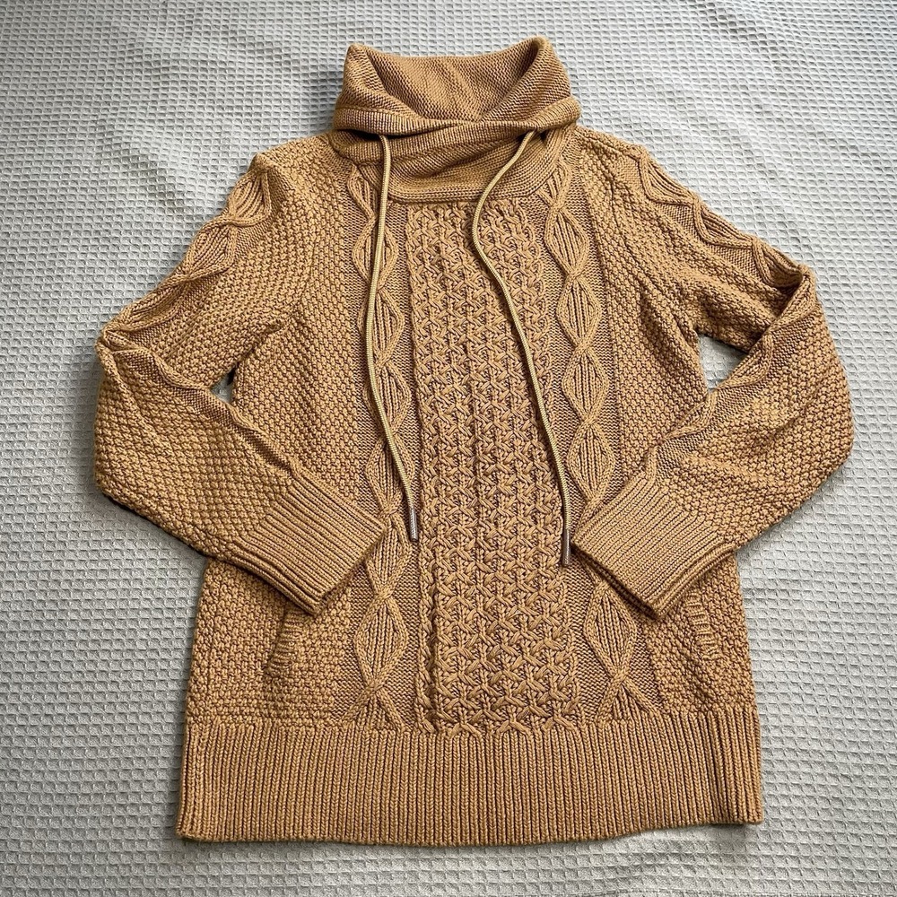 LL Bean Signature Funnel Neck Cable Knit Sweater Small Womens Camel Brown